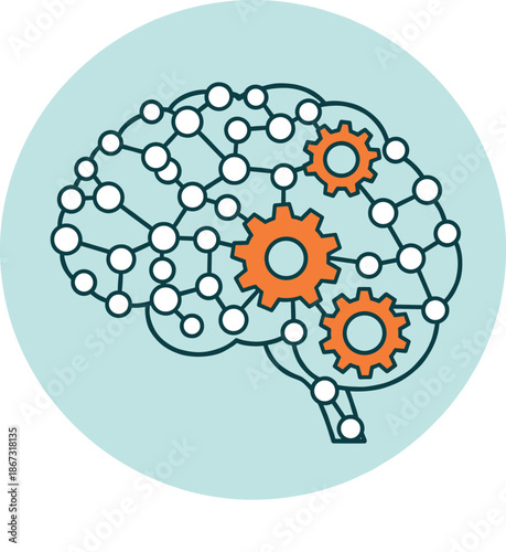 Deep learning artificial intelligence icon with human brain neural network and gears