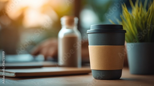 Sustainable office worker starts the day with reusable coffee cup and zero waste intentions, championing climate action in their everyday office life decisions.