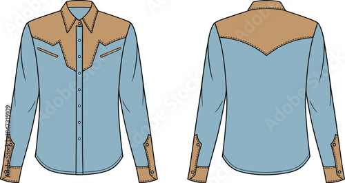 Front and back view of a blue and tan western style long sleeve shirt western shirt cowboy shirt