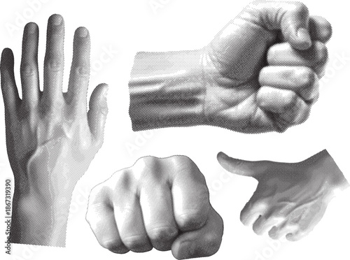 A collection of black and white vector illustrations featuring various hand gestures, including a flat hand, a clenched fist, a pointing finger, and a hand making a peace sign.