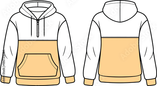 Front and back view of a color-block hoodie with half-zip and front pocket sweatshirt hooded jacket