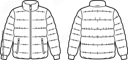 Front and back view of a grey puffer jacket with zipper and pockets down jacket winter coat
