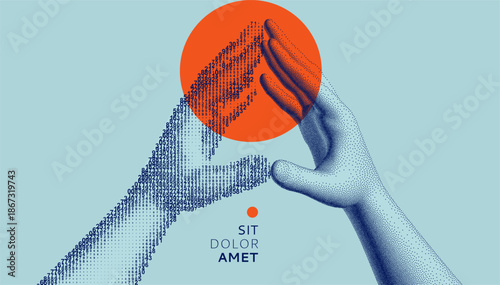 A hand as a cascading digital code matrix touches a hand in a stipple style. Hands with steepled fingers. Body language. Сascading digital code matrix. Vector for poster, cover, brochure, presentation