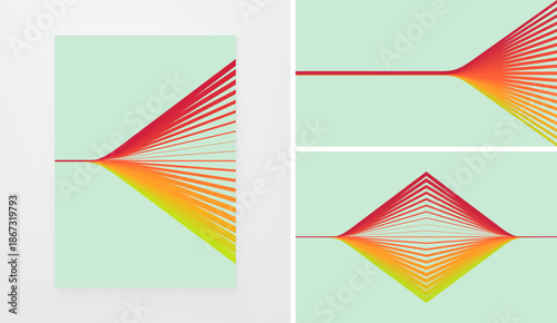 A straight line splits into many rays, which then reconnect into a straight line. A vibrating string. Layers of sheets. Physical optics. Thread or fiber. Vector for brochure, cover or presentation.