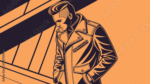 Stylized illustration of a man in a trench coat looking down with dramatic lighting and geometric background elements in a retro aesthetic with style