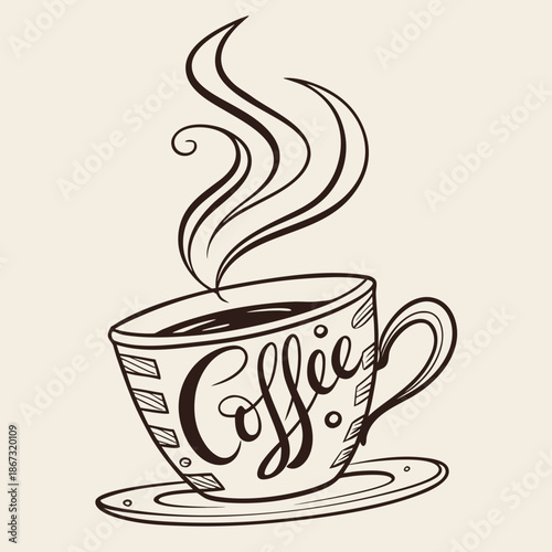 A steaming hot cup of coffee on a saucer with a decorative design and the word coffee written on it in a beautiful cursive font on a plain background