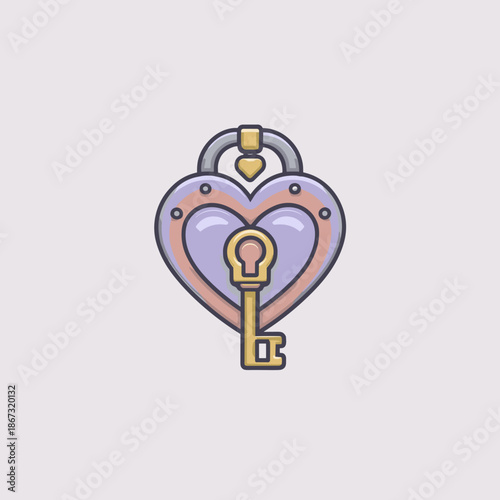Heart shaped lock with key in soft pastel colors symbolizing love trust and commitment in cute outlined style
