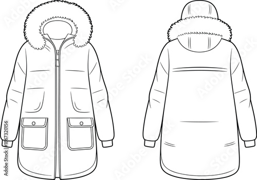 Front and back view of a hooded parka with fur trim and pockets winter coat hooded jacket