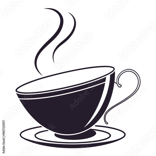 A steaming hot cup of coffee or tea in a dark blue teacup on a saucer with steam rising with coffee cup and tea cup and hot beverage and drink
