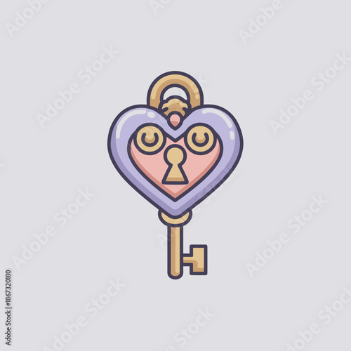 Cute heart lock with key cartoon illustration representing protected love, emotional connection and romantic commitment in soft pastel colors and minimalist style