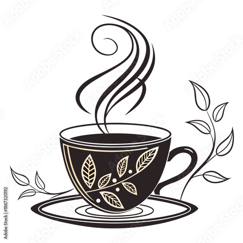 A steaming hot cup of coffee or tea in a decorative leaf patterned mug on a saucer with steam rising and leafy branches on a clean white background