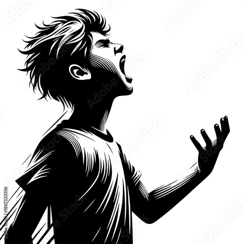 Black and White Vector Angry Boy Arguing with Hand Raised