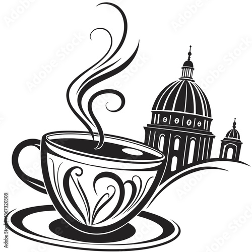 Black and white illustration of steaming coffee cup with saucer and domed buildings in background, cityscape, morning coffee, urban life, monochrome art