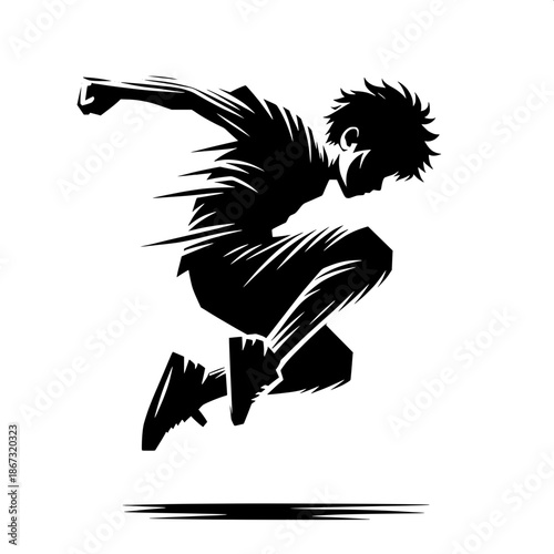 Black and White Vector Angry Boy Jumping in Frustration