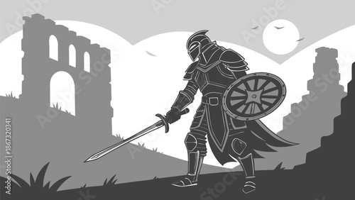 Epic fantasy knight in full armor wielding a sword and shield stands on a hill near ancient ruins under a bright moonlit sky with warrior and medieval