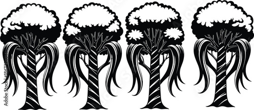 Black and white tree silhouette set with unique spiral trunks and drooping branches, decorative nature forest elements for landscaping and art design,