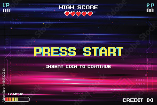 PRESS START. insert coin to continue. pixel art 8 bit. Retro Futurism Sci-Fi Background. glowing neon grid. and stars from vintage arcade computer games