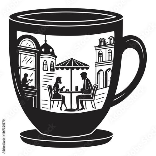 A black and white illustration of a coffee cup with a city street scene of people sitting at a table outside a cafe with buildings in the background