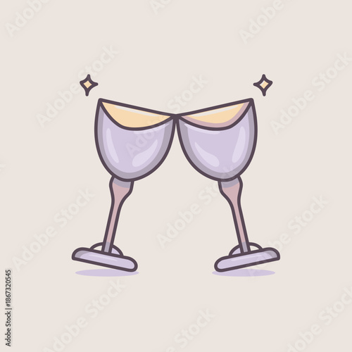 Two elegant wine glasses clinking in a romantic toast with soft pastel tones and minimalist outline style, perfect for celebration and love themes