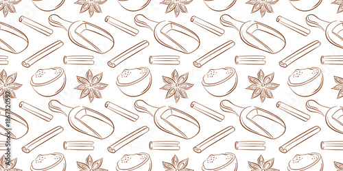 Seamless pattern with cinnamon stick, star anise, wooden scoop and bowl filled with ground spice. Design for recipe book or spice design in line art style.