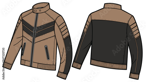 Detailed vector illustration showcasing a brown and black jacket design with front and back views ideal for fashion design concepts and technical garment specifications