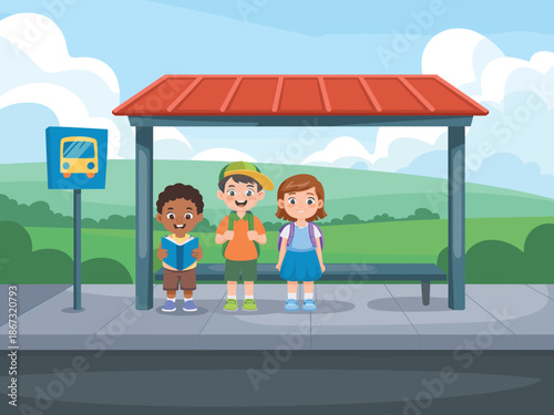 Diverse elementary school children with backpacks standing at a bus stop under a red roof shelter waiting for the school bus