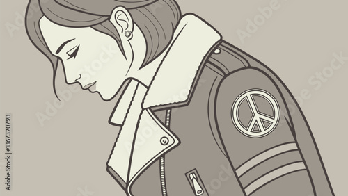 Monochrome illustration of a young woman with short hair wearing a leather jacket with a peace symbol conveying a sense of reflection and style in a minimalist design