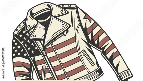 Iconic american flag motorcycle jacket illustration with stars and stripes detail on a white background for a rock and roll fashion statement