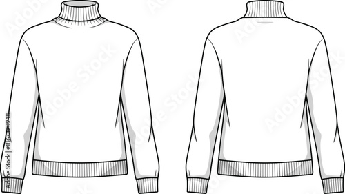 Front and back view of a plain white long-sleeved turtleneck sweater jumper knitwear