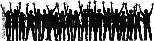 Celebrating crowd silhouettes with raised hands, diverse people unity, teamwork and success concept, black vector illustration isolated on white background