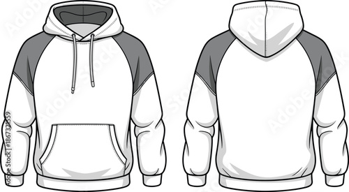 Front and back view of a white and grey raglan sleeve hoodie with a front pocket sweatshirt pullover