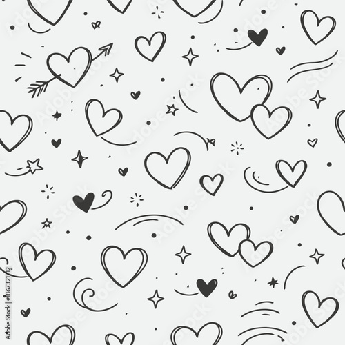 Minimal Line Valentine Seamless Pattern Hand Drawn Monochrome Vector