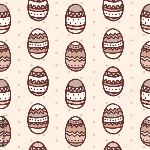 Vector seamless pattern with freehand drawn cartoon ornamented painted Easter eggs made in kid childish style in brown colors on beige background with polka dots