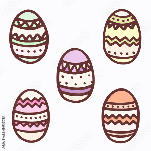 Vector illustration set of different freehand drawn cartoon ornamented painted Easter eggs made in kid childish style