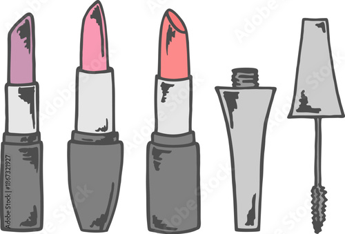 Set of different cartoon lipsticks and tube of mascara. Makeup product. Vector illustration.