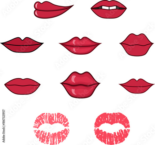 Set of different cartoon red lips. Lips colored. Makeup by lipstick. Vector illustration.