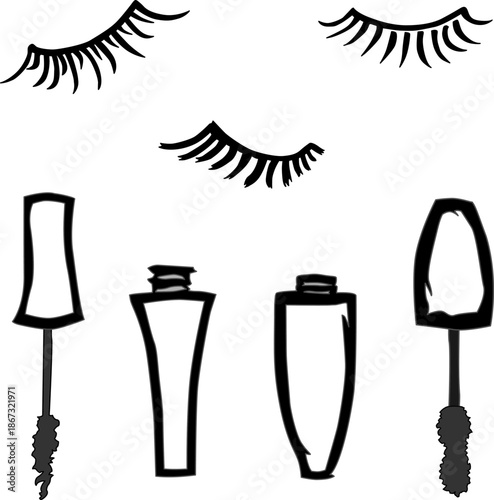 Set of different cartoon mascaras and eyelashes. Makeup product. Vector illustration.