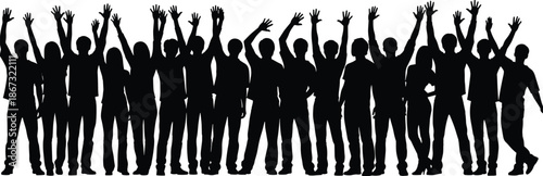 Crowd of people silhouettes with raised hands, cheering audience group, community unity, human celebration, diverse party supporters, concert fans, protest vector, together,