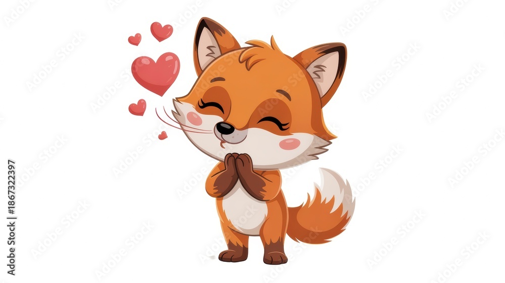 Obraz premium A charming cartoon fox blowing kisses with floating hearts expressing love and affection.