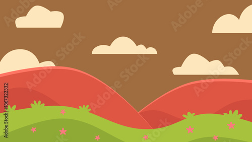 Cartoon Illustration of Rolling Hills and Clouds