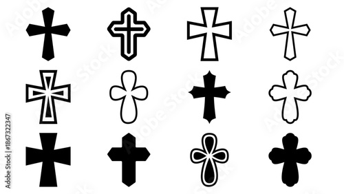 Variety of Cross Symbols in Black and White