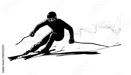 Dynamic skiing silhouette, skier in motion, winter sports action, alpine skiing, extreme sport, ski poles, downhill skiing, snow adventure.
