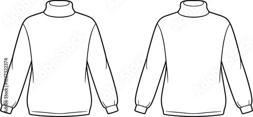 Front and back view of a white long-sleeved turtleneck shirt with clean lines long sleeve apparel