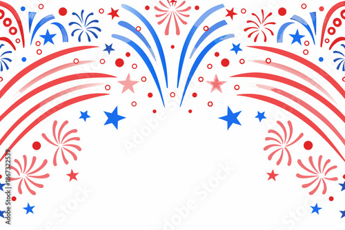 Festive patriotic design featuring fireworks stars and red white and blue colors
