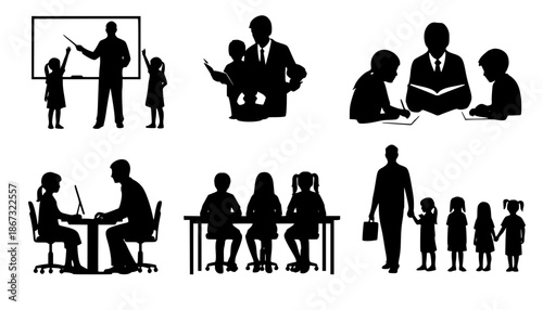 Set of teacher and student silhouette interactions, educational concept vector with children and adults in various learning scenes