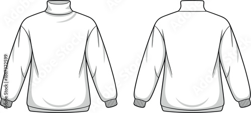 Front and back view of a white turtleneck sweater with ribbed cuffs and collar long sleeve clothing
