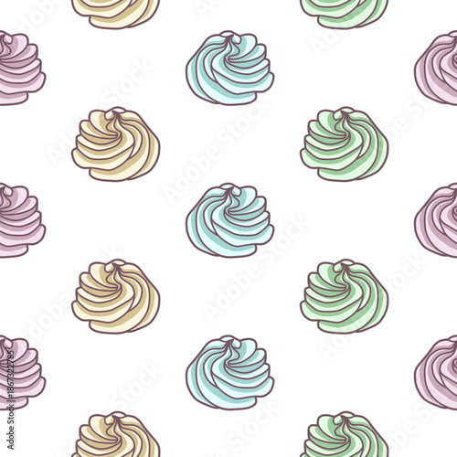Meringues zephyrs pastries cupcakes snacks of different colors colorful on white background. Dessert. Sweets and candies. Vector seamless pattern.