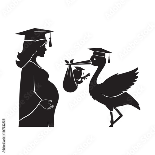 Stork delivering graduation baby in bundle to expectant mother wearing cap