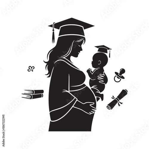 Mother in graduation gown holding baby wearing cap education and family balance