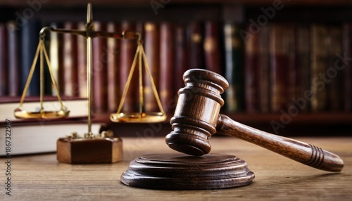 wooden gavel resting on stand books and scales in background